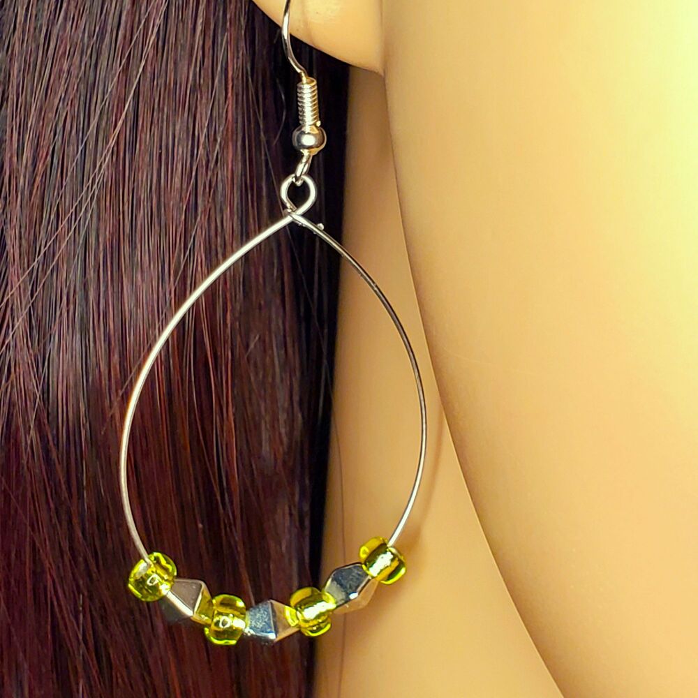 Sterling Silver Hook Earrings Lime Green Hoop Beaded Stylish Jewellery, Dangly Funky Pair