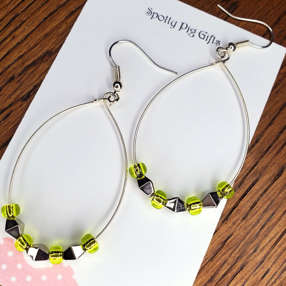 Sterling Silver Hook Earrings Lime Green Hoop Beaded Stylish Jewellery, Dangly Funky Pair