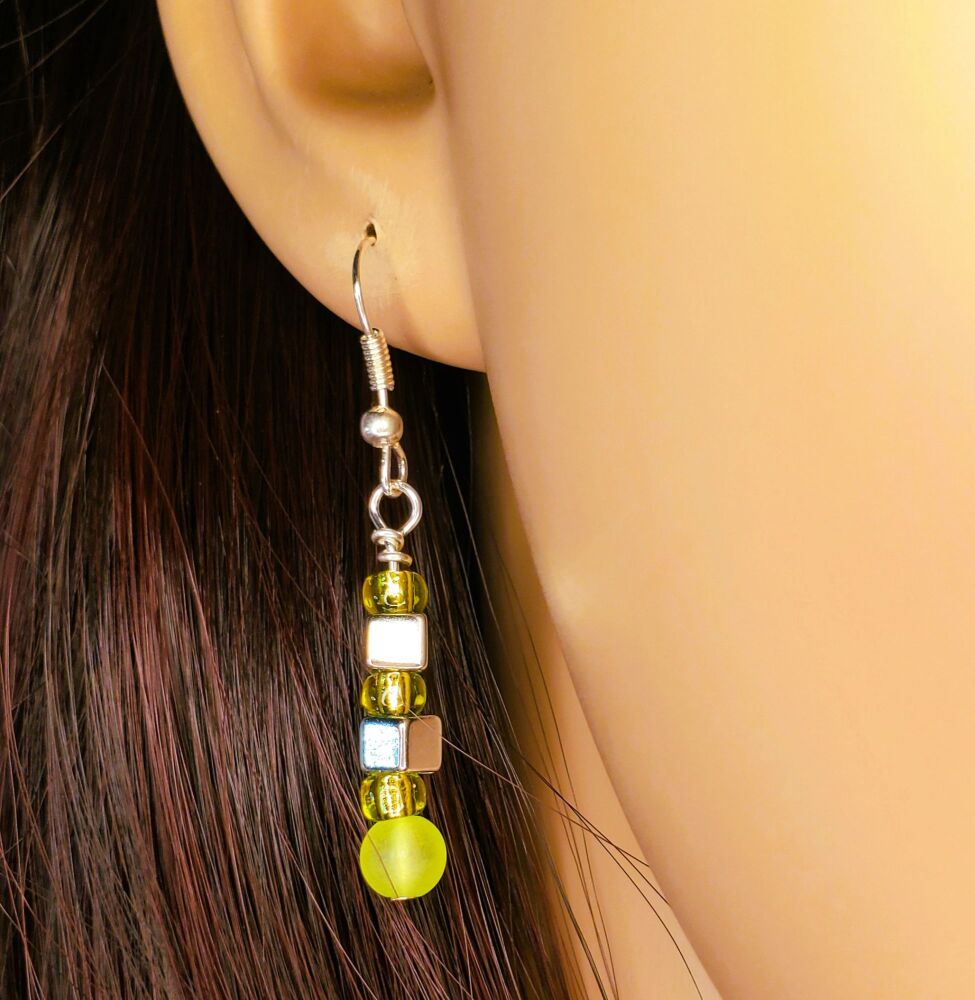 Sterling Silver Hook Earrings Lime Green Handmade Jewellery, Drop Beaded Stylish & Dangly, Pretty Pair