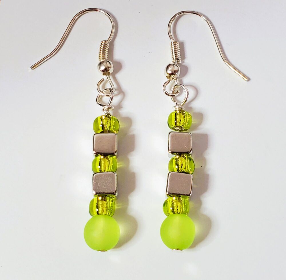 Sterling Silver Hook Earrings Lime Green Handmade Jewellery, Drop Beaded Stylish & Dangly, Pretty Pair