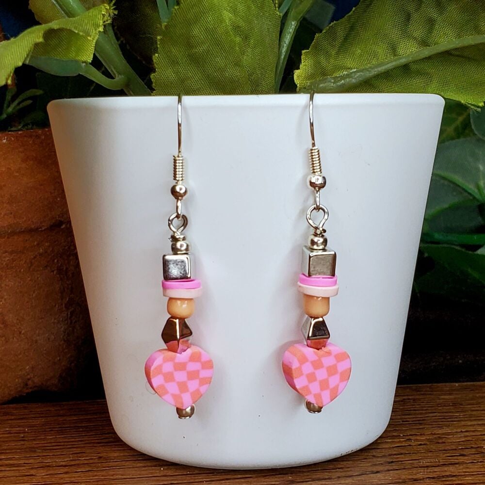 Pink Heart Sterling Silver Hook Earrings, festival Handmade Jewellery, Statement Pair