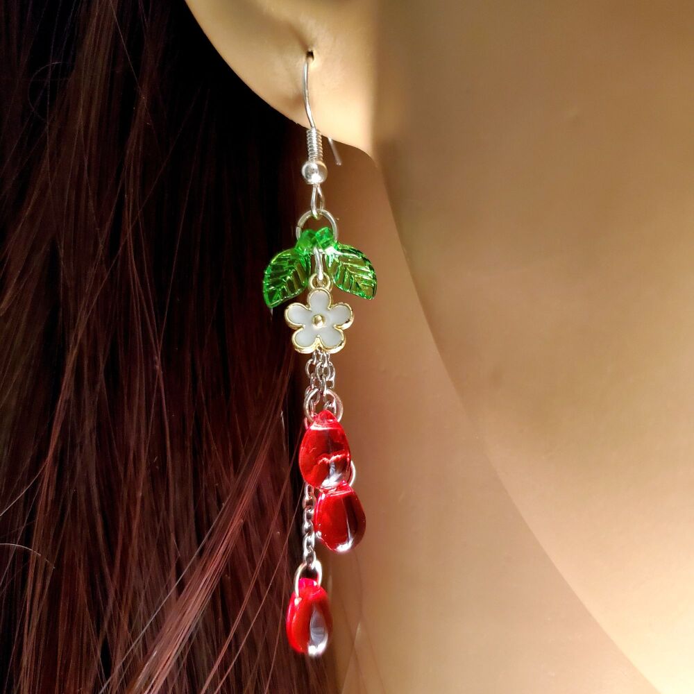 Pomegranate Seed Sterling Silver Hook Earrings Flower Chains Stylish Dangly Pair