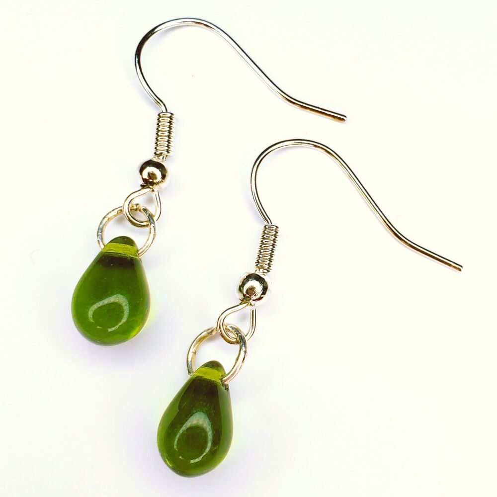 Olive Green Teardrop Sterling Silver & Glass Hook Earrings Handmade Jewellery, Pair Elegant