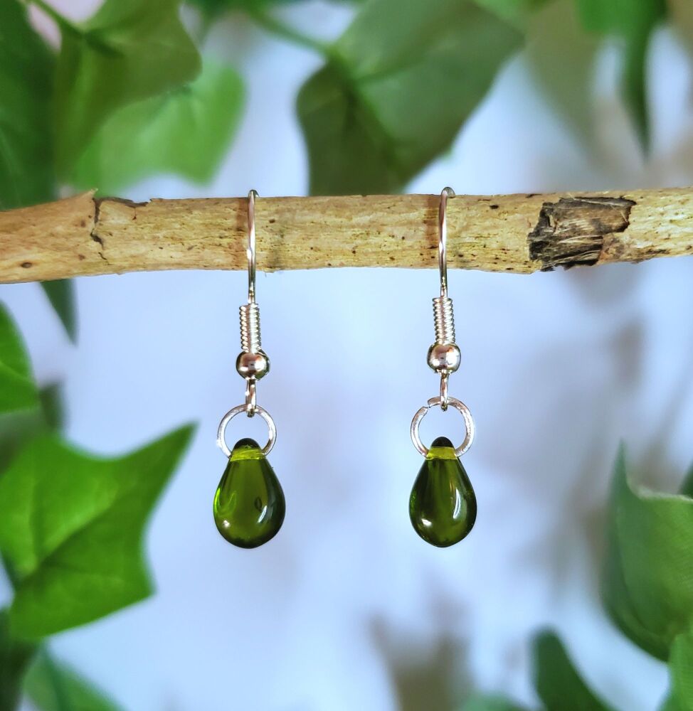 Olive Green Teardrop Sterling Silver & Glass Hook Earrings Handmade Jewellery, Pair Elegant