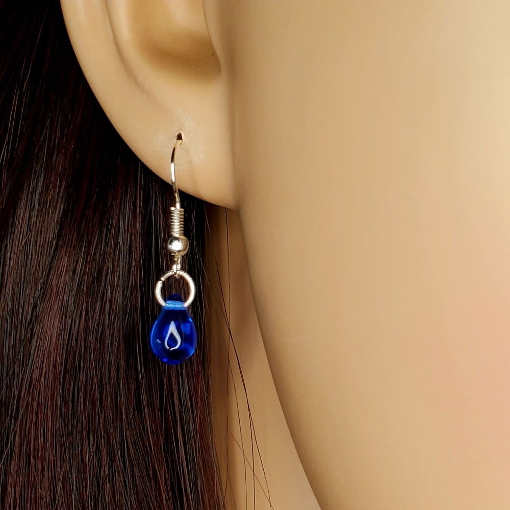  Cobalt Blue Teardrop Sterling Silver & Glass Hook Earrings Handmade Jewellery, Pair Elegant