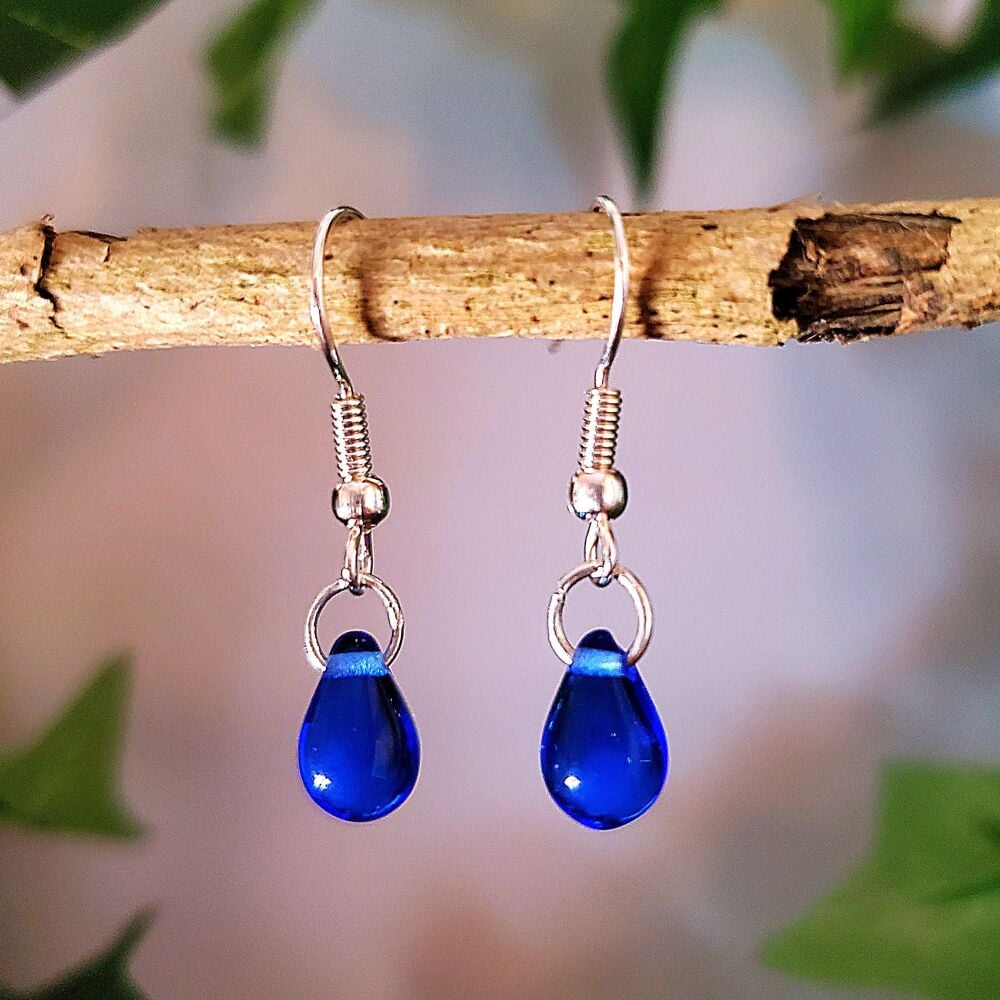  Cobalt Blue Teardrop Sterling Silver & Glass Hook Earrings Handmade Jewellery, Pair Elegant