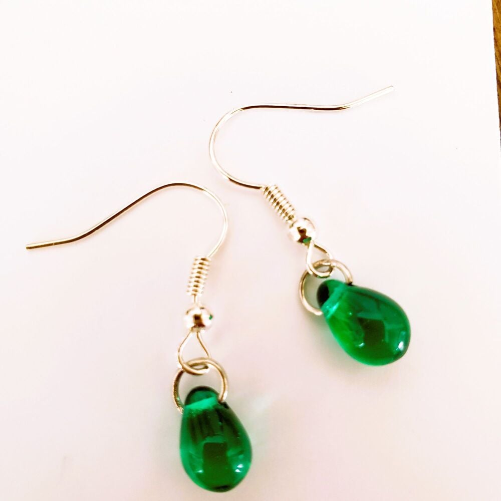 Emerald Green Glass Teardrop Sterling Silver Hook Earrings Handmade Pair Elegant