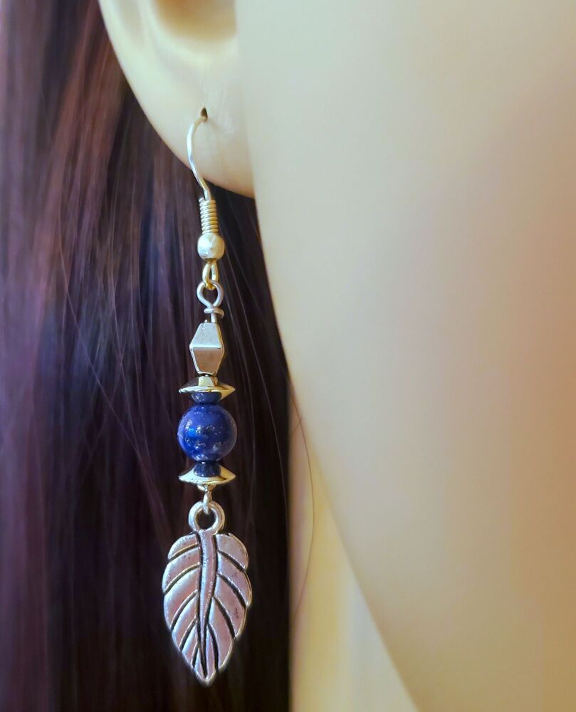 Lapis Lazuli Sterling Silver Earrings, Gemstone & Leaf Handmade Drop Hooks