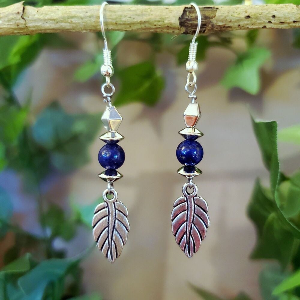 <!-- D85 -->Lapis Lazuli Sterling Silver Hook Earrings, Leaf Leaves Handmad