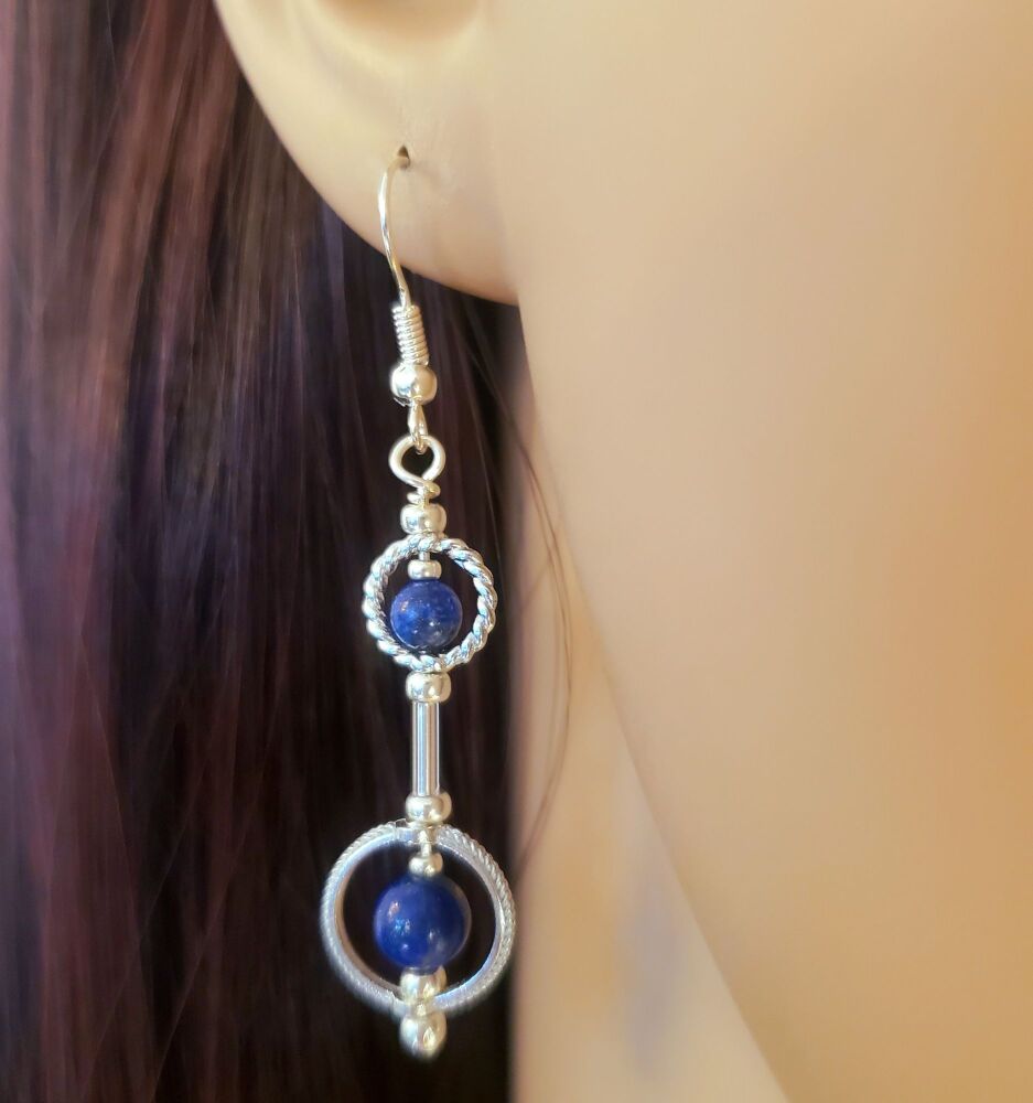 Lapis Lazuli Sterling Silver Earrings, Gemstones & Circles Handmade Drop Hooks, Blue