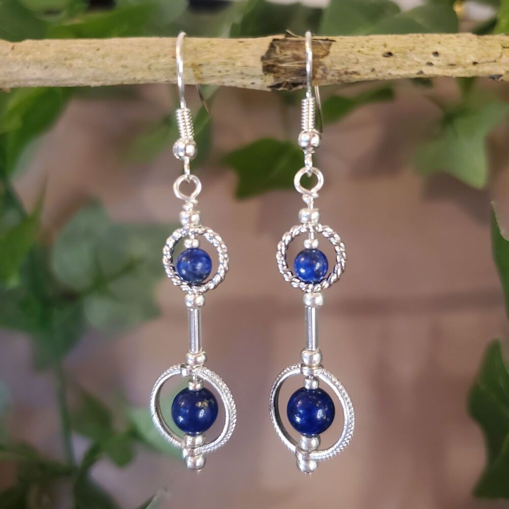 Lapis Lazuli Sterling Silver Earrings, Gemstones & Circles Handmade Drop Hooks, Blue