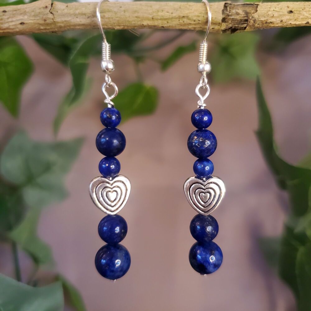 <!-- E09 -->Lapis Lazuli Sterling Silver Hook Earrings, Blue Heart Handmade