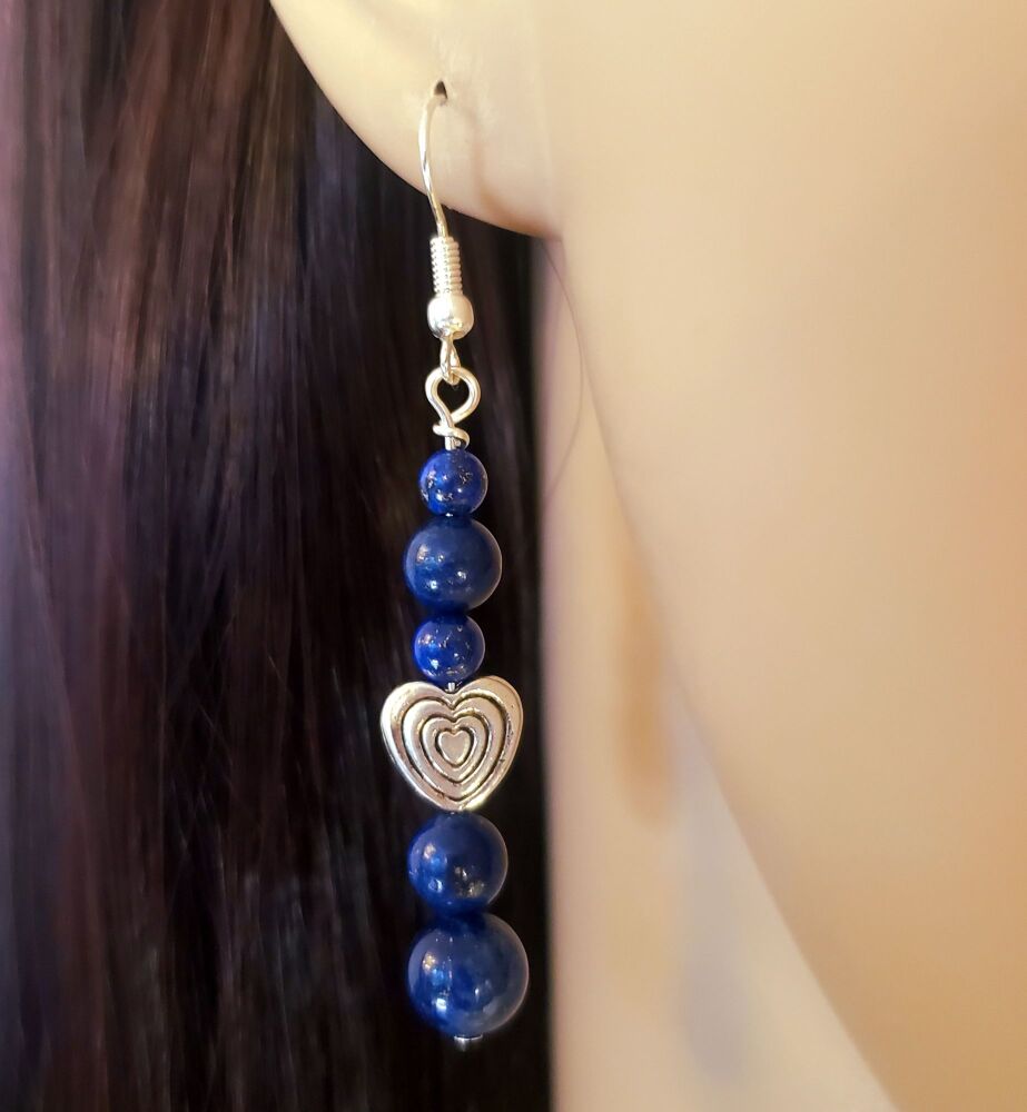 Lapis Lazuli Sterling Silver Earrings, Gemstone & Heart Handmade jewellery Drop Hooks