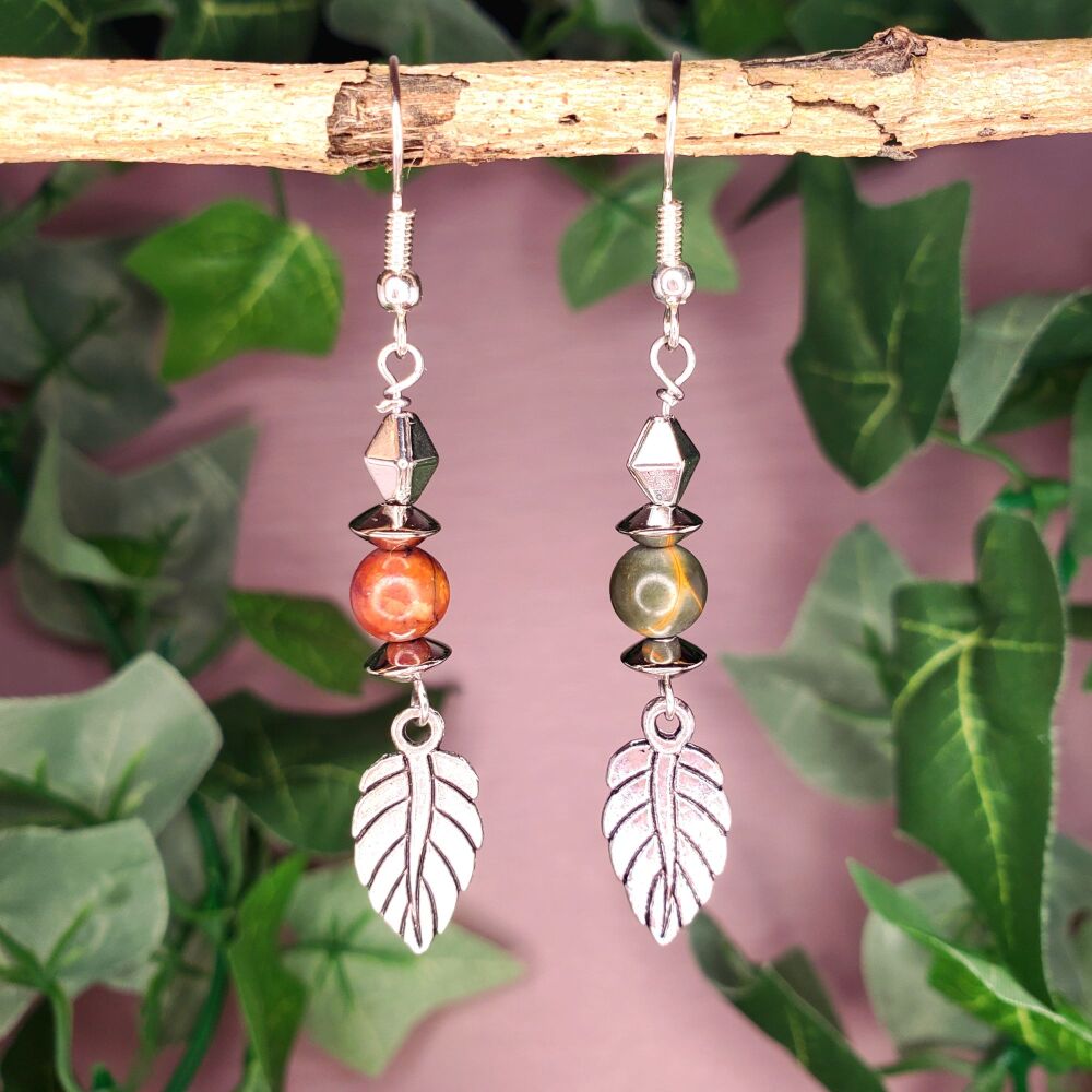 Jasper Sterling Silver Earrings, Gemstone Picasso & Leaf Handmade Drop Hooks