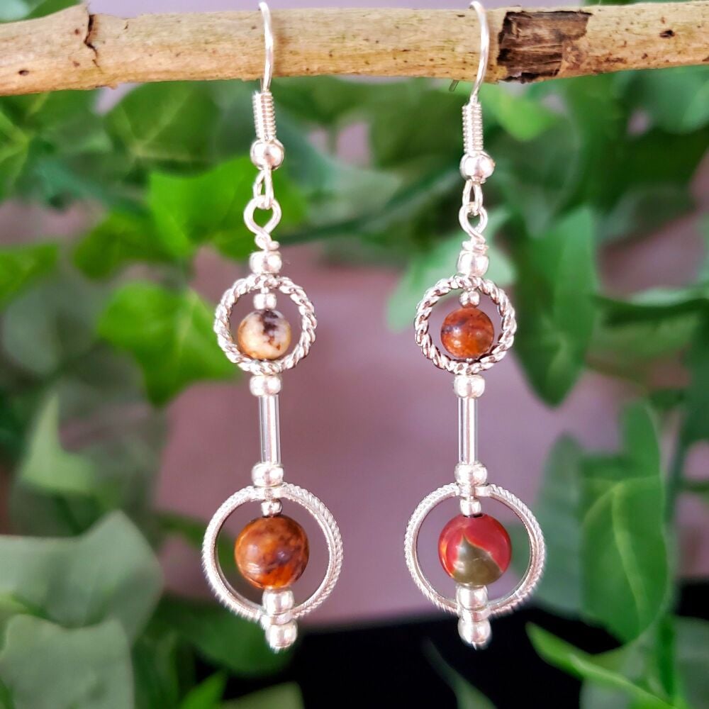 <!-- D70 -->Jasper Picasso Sterling Silver Hook Earrings Gemstone Circles H