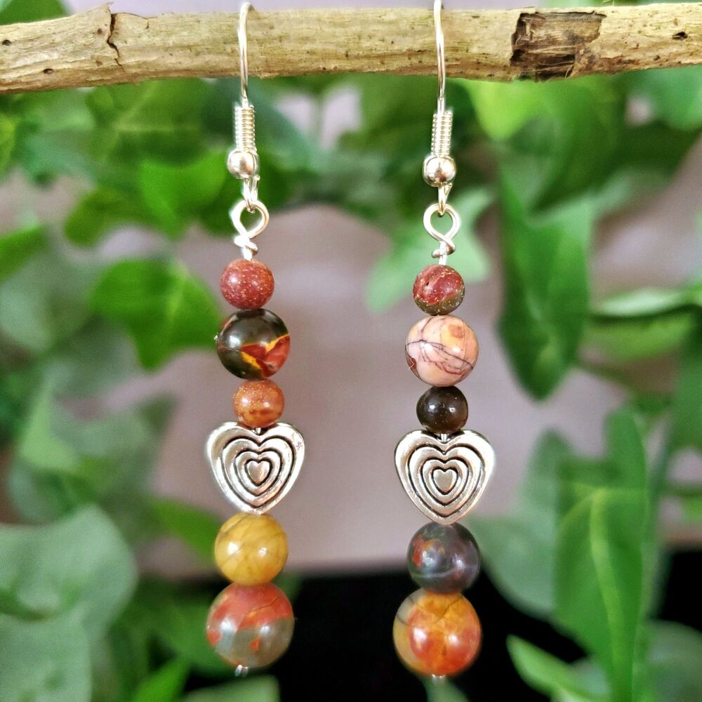 Jasper Sterling Silver Earrings, Heart & Gemstone Picasso Handmade Drop Hooks