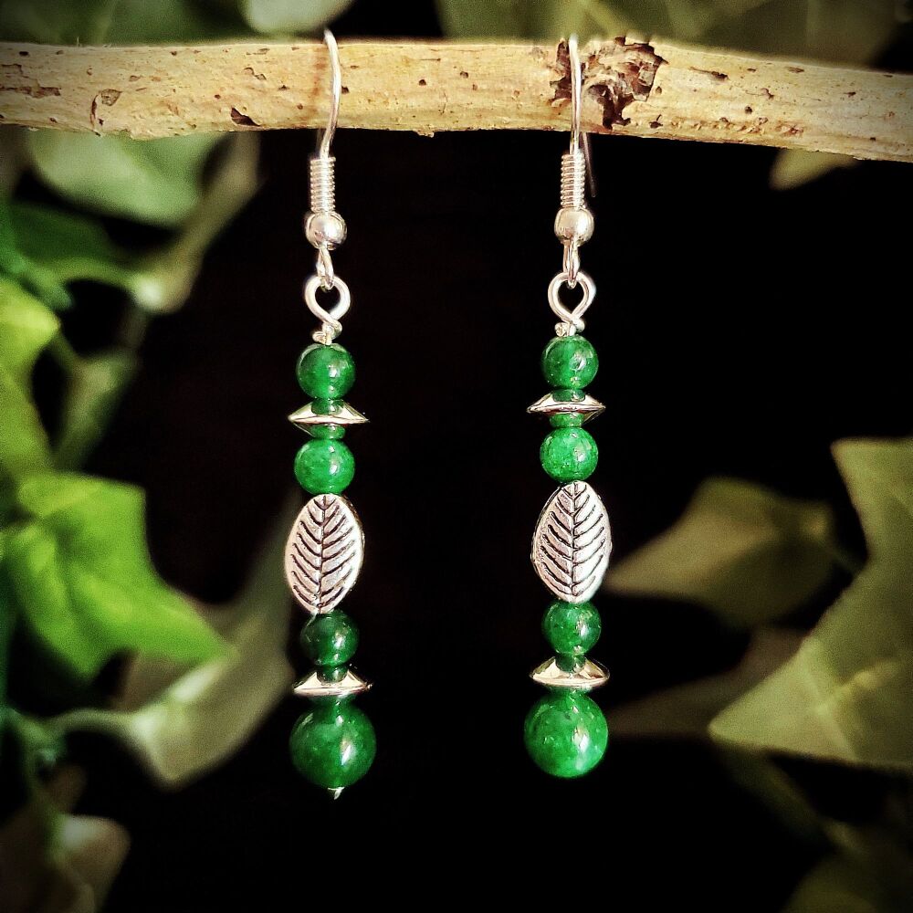 Jade Sterling Silver Earrings, Leaf & Green Gemstone Drops, Handmade jewellery