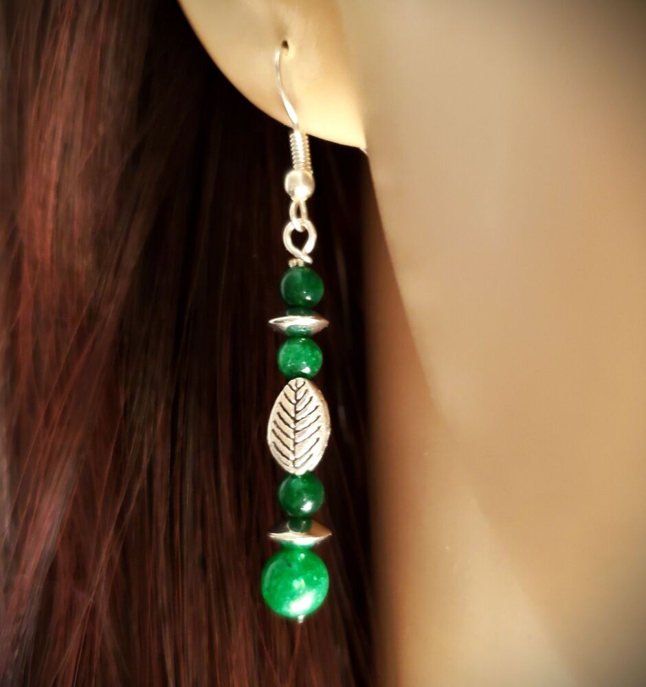 Jade Sterling Silver Earrings, Leaf & Green Gemstone Drops, Handmade jewellery