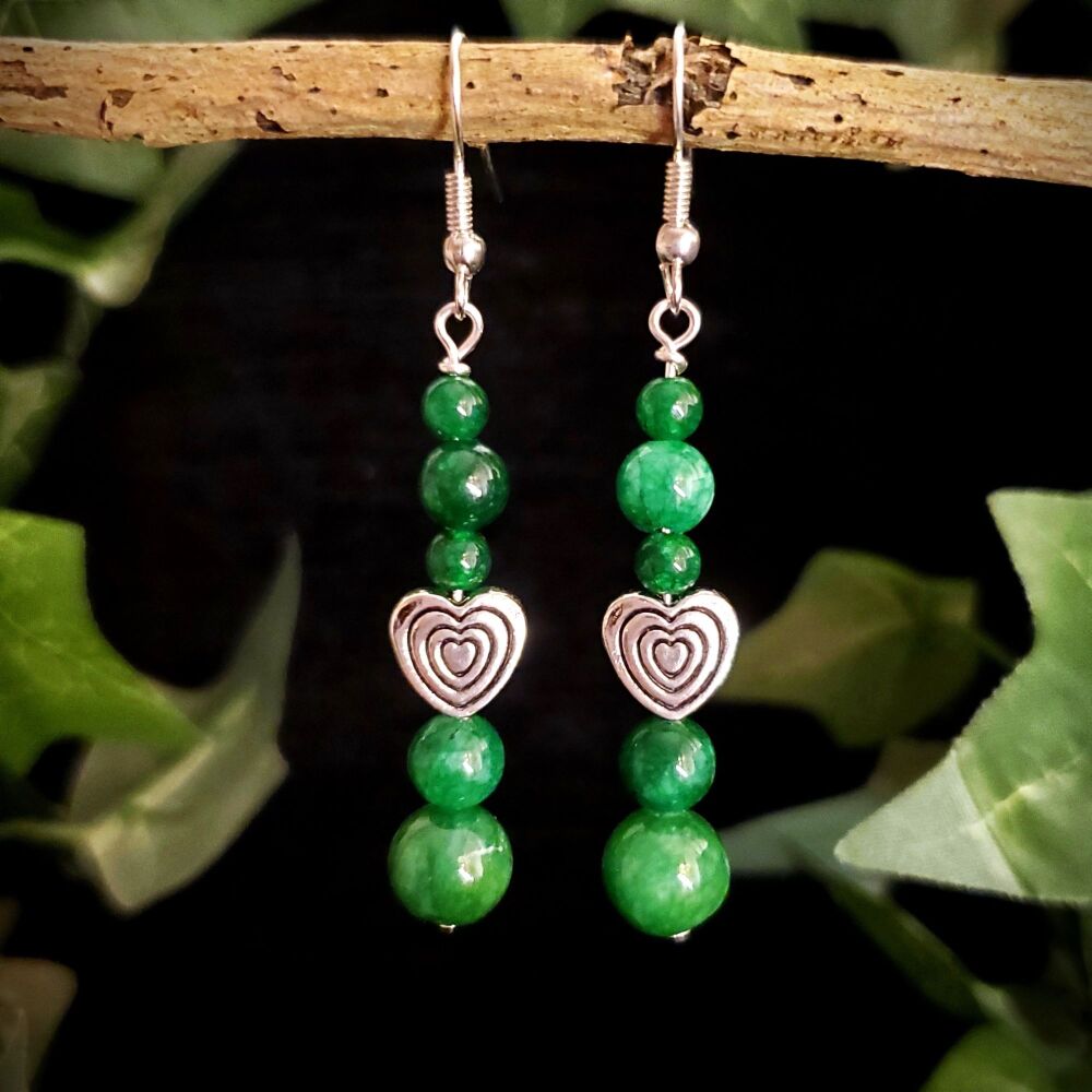 Jade Sterling Silver Earrings, Heart & Gemstone Handmade jewellery Drop Hooks