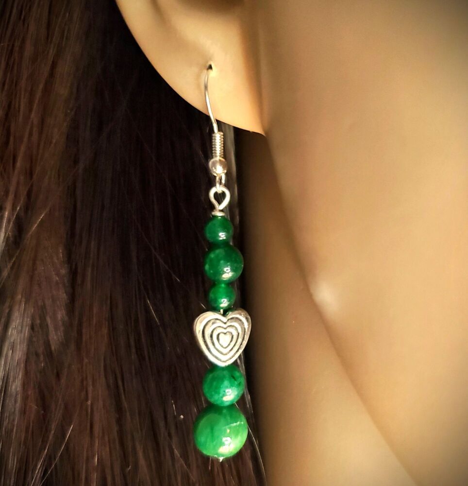 Jade Sterling Silver Earrings, Heart & Gemstone Handmade jewellery Drop Hooks