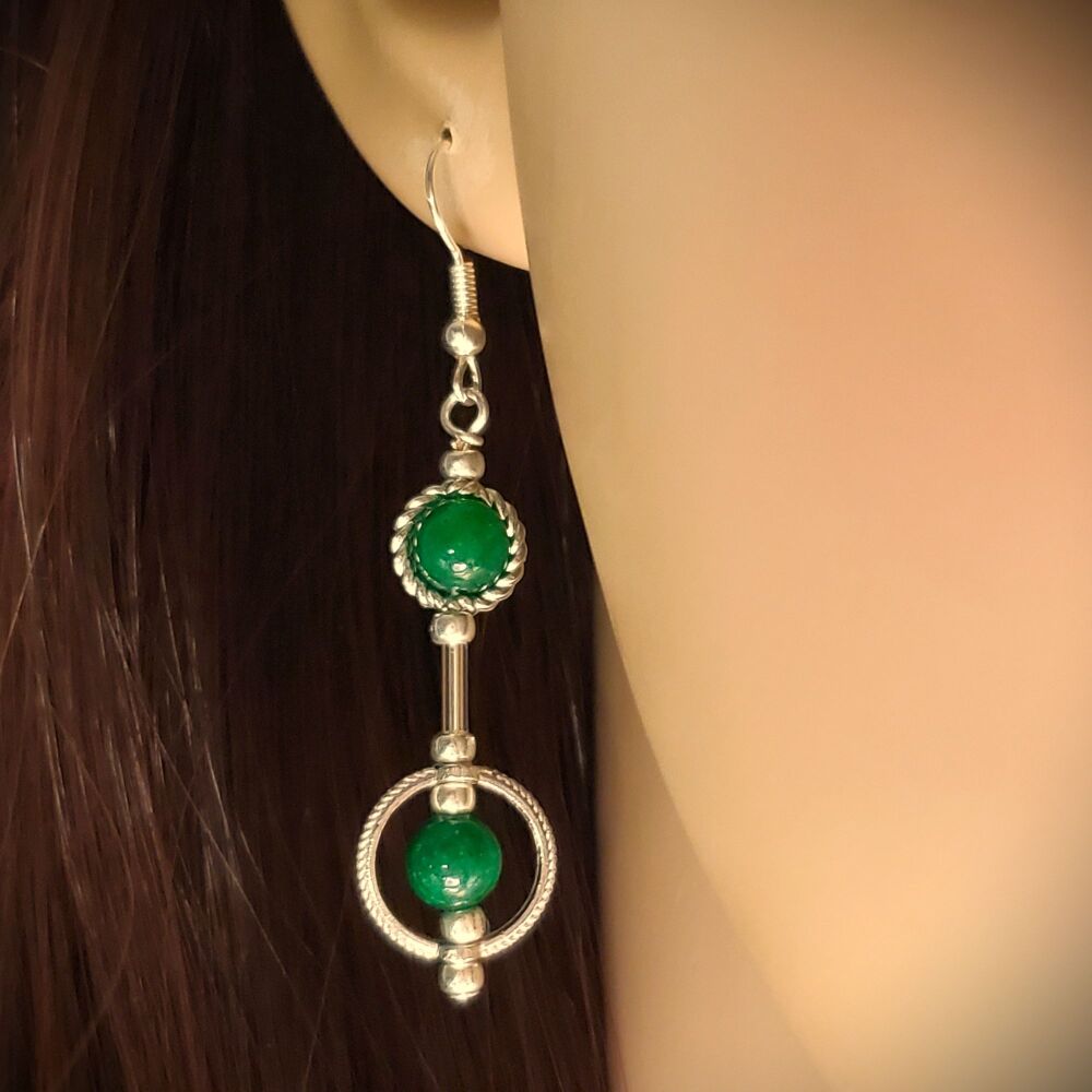 Jade Sterling Silver Hook Earrings, Circles Handmade Drop Gemstone, Green