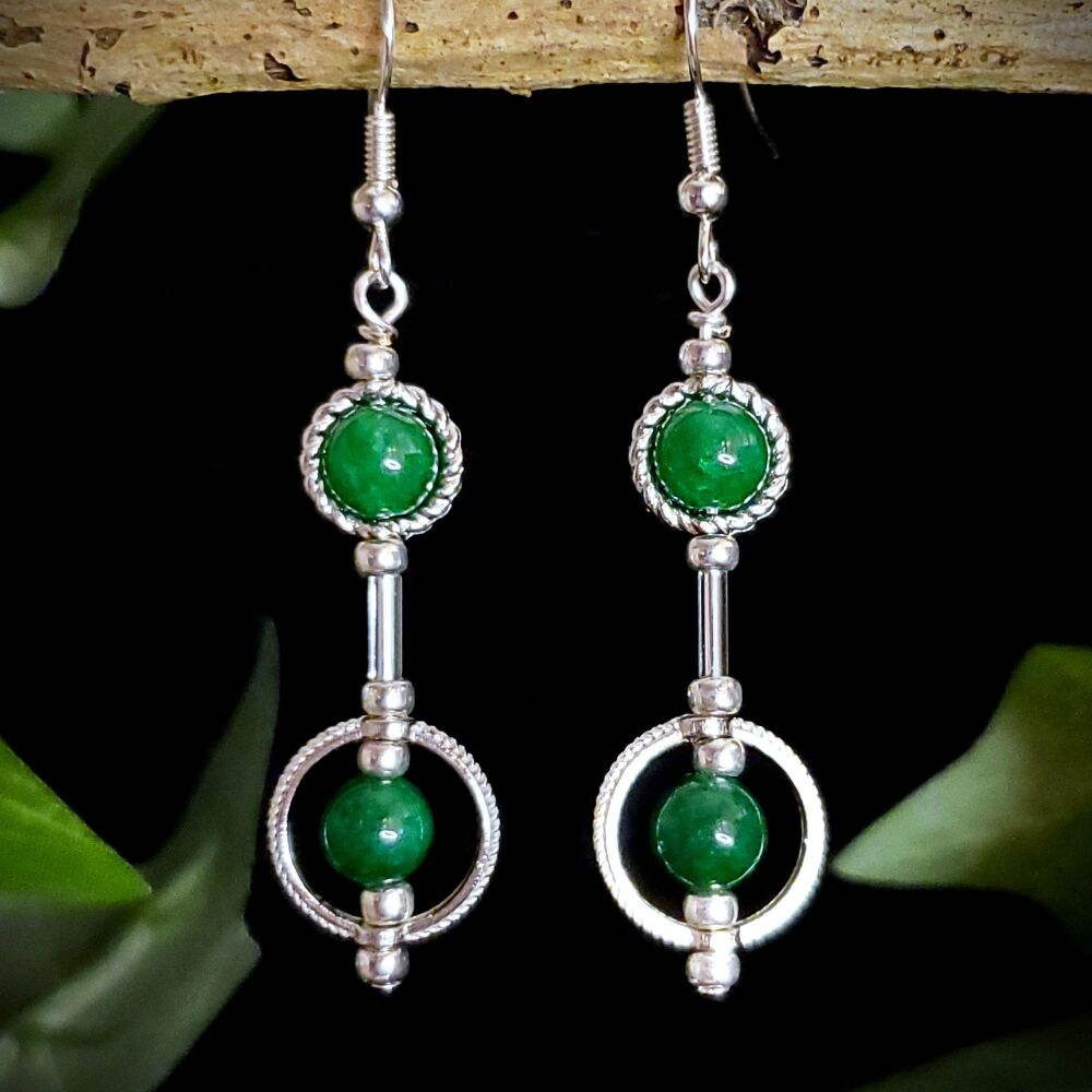 Jade Sterling Silver Hook Earrings, Circles Handmade Drop Gemstone, Green