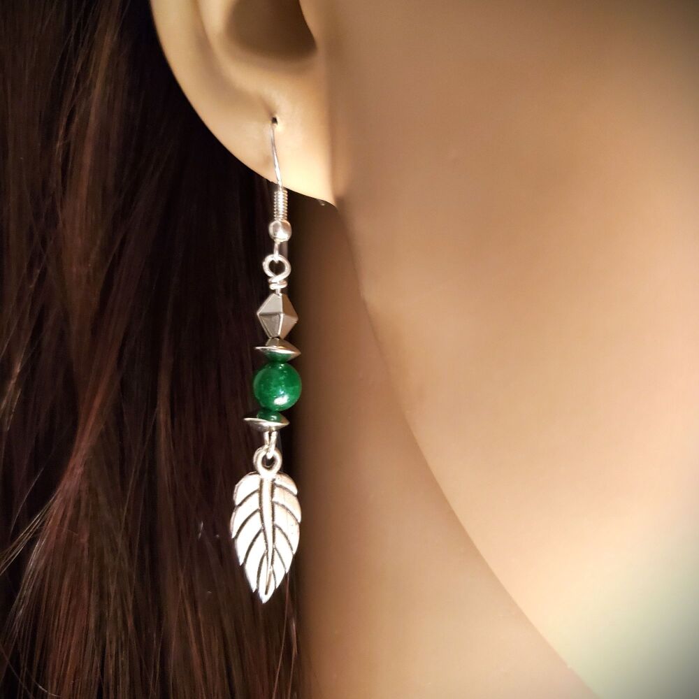 Jade Sterling Silver Earrings, Leaf & Green Gemstone Drops, Handmade