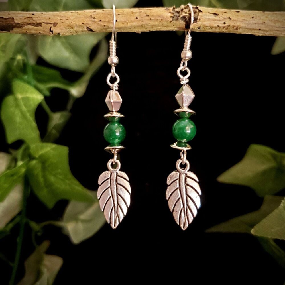 Jade Sterling Silver Earrings, Leaf & Green Gemstone Drops, Handmade