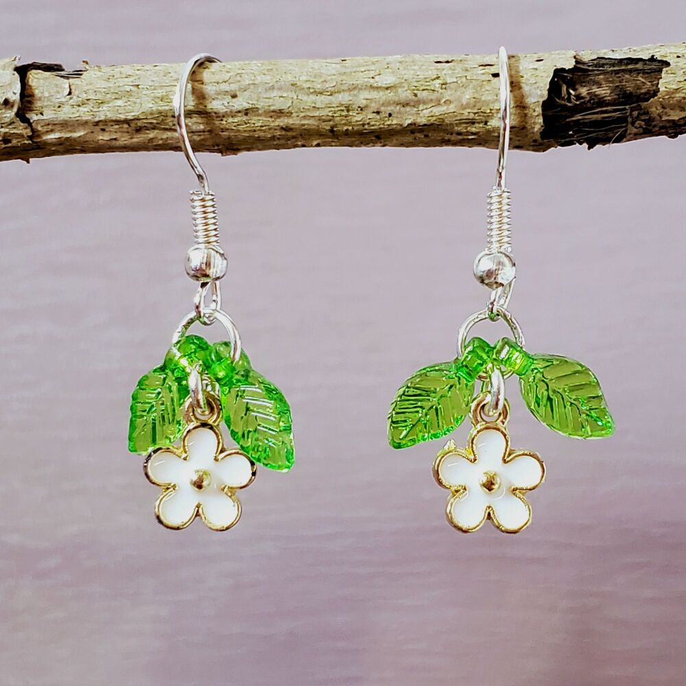 Flower Sterling Silver Hook Earrings White, Leaves Stylish Dangly Drops, Handmade Jewellery, Pretty Pair