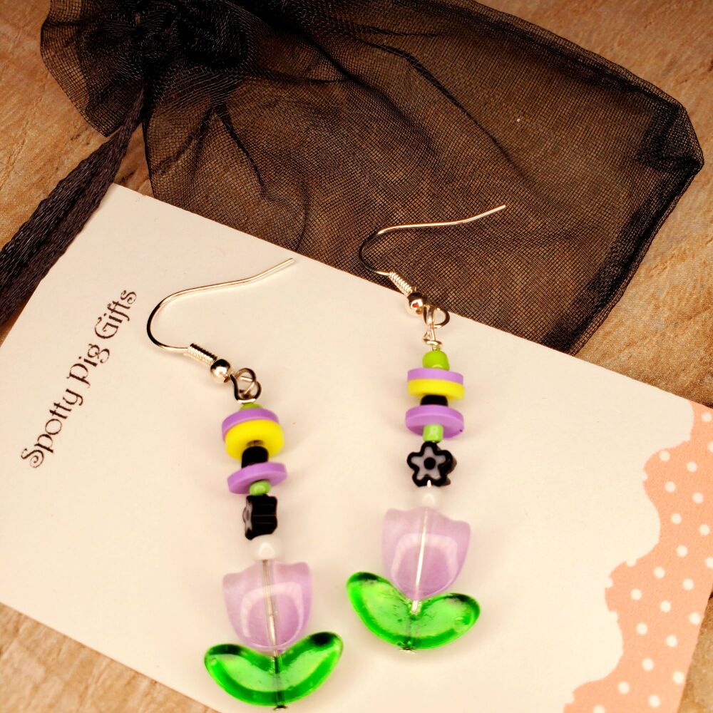  Flower Sterling Silver Hook Earrings Handmade Purple Pair Glass Pretty Festival Jewellery