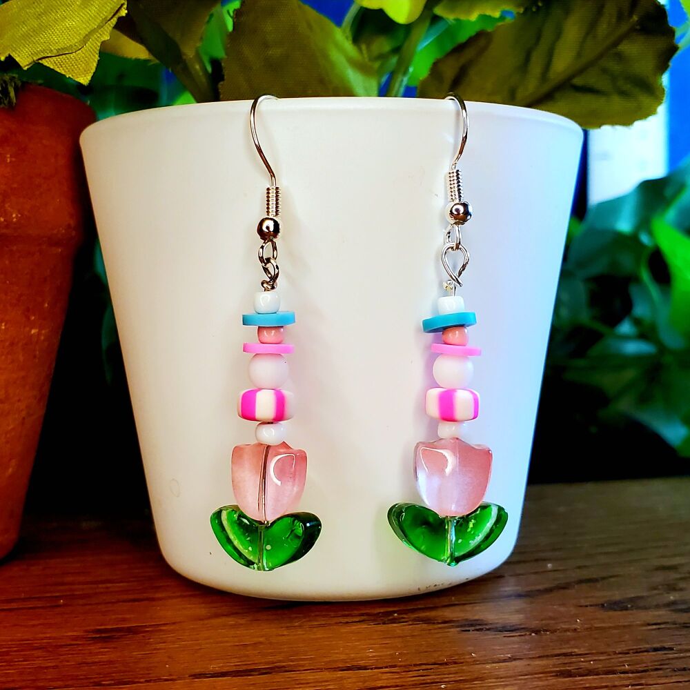 Flower Sterling Silver Hook Earrings Handmade Pink Pair Glass Pretty Festival Jewellery