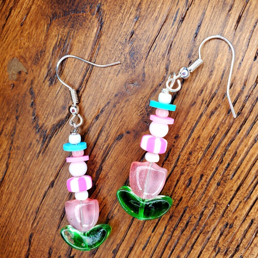 Flower Sterling Silver Hook Earrings Handmade Pink Pair Glass Pretty Festival Jewellery