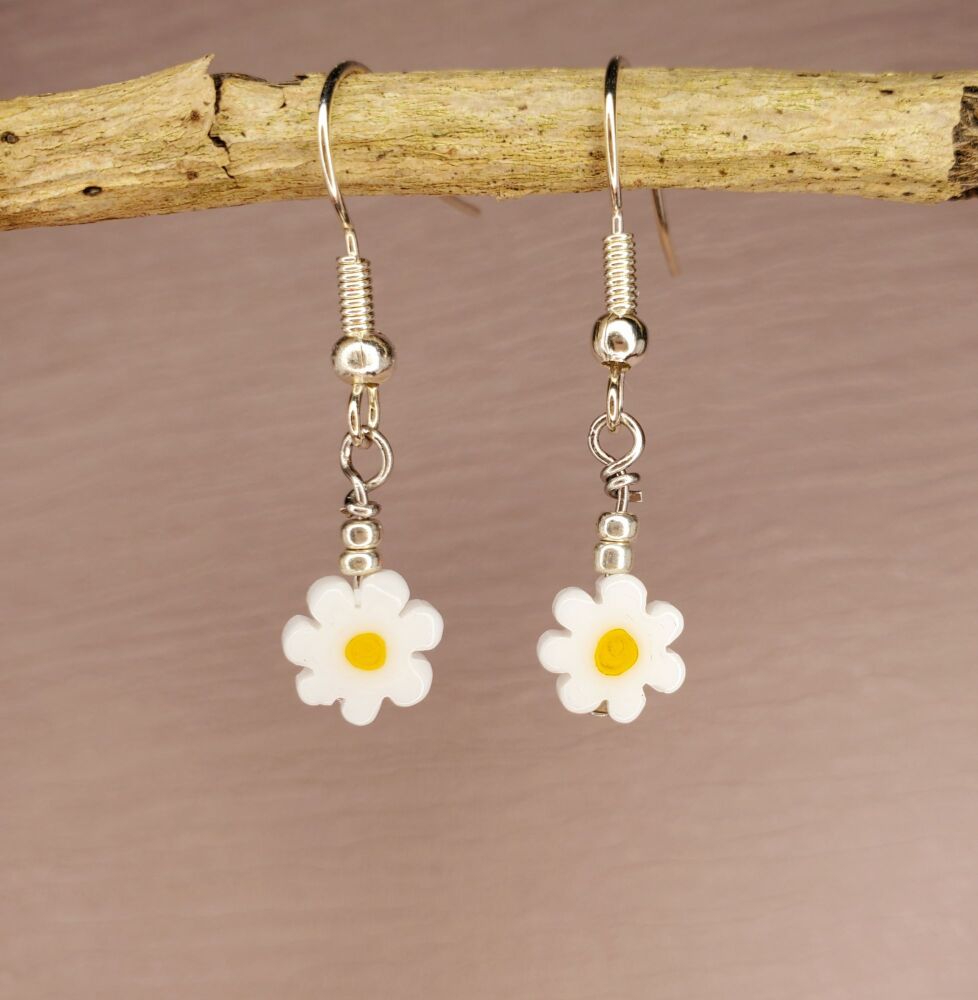 Daisy Sterling Silver Earrings, Drop Hook Handmade Flowers Pair