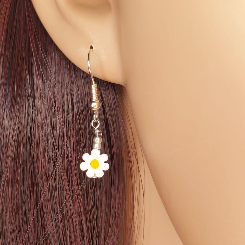 Daisy Sterling Silver Earrings, Drop Hook Handmade Flowers Pair