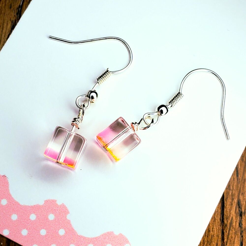  Cube Sterling Silver Hook Earrings Drop Pink & Orange, Stylish Dangly & Pretty Pair