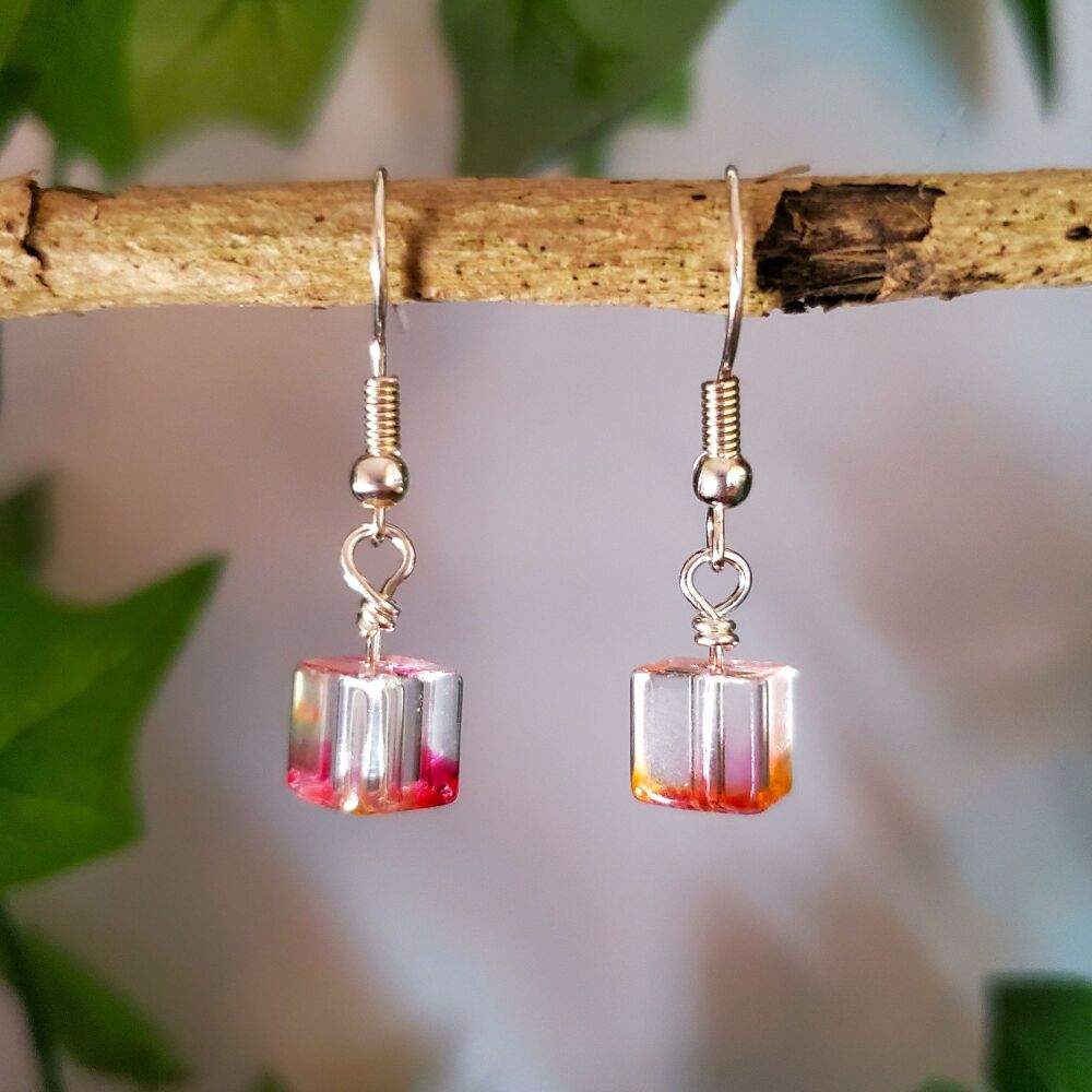  Cube Sterling Silver Hook Earrings Drop Pink & Orange, Stylish Dangly & Pretty Pair