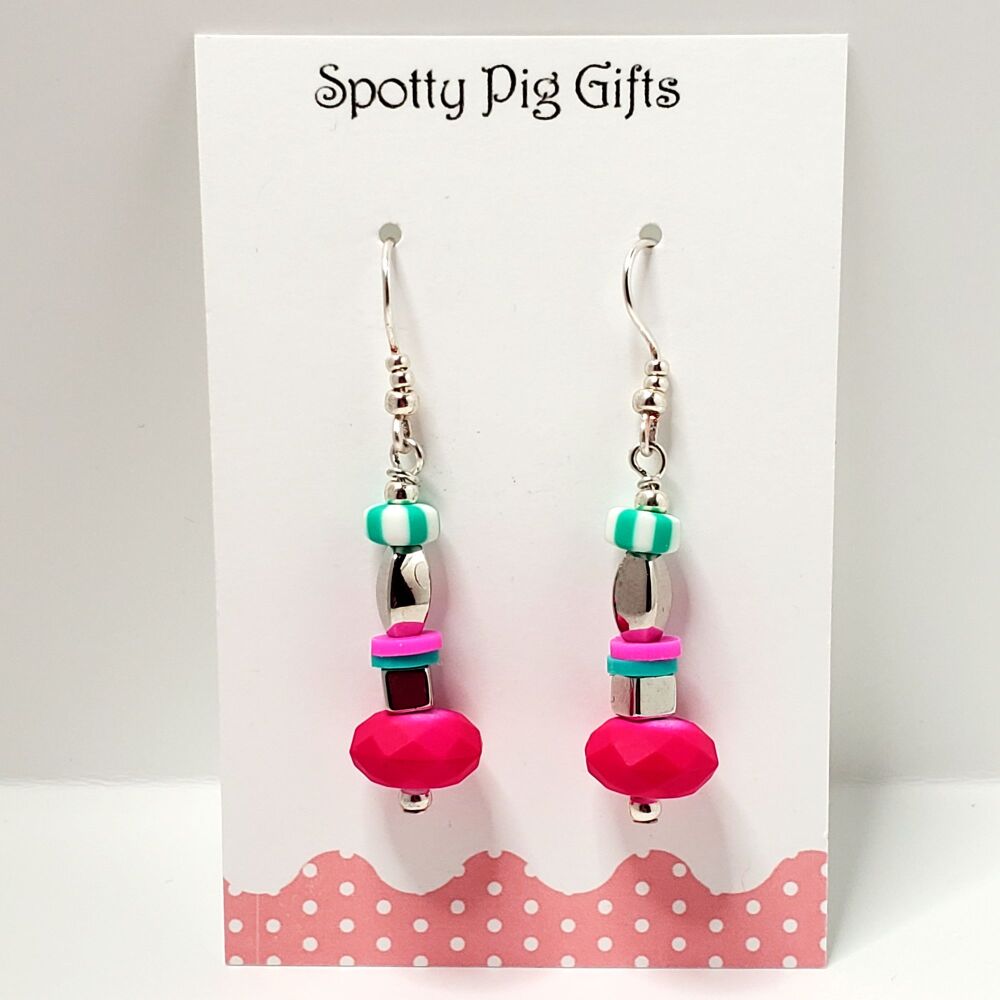 Bright Dangly Sterling Silver Hook Earrings, Colourful Statement Beaded Jewellery, Pair