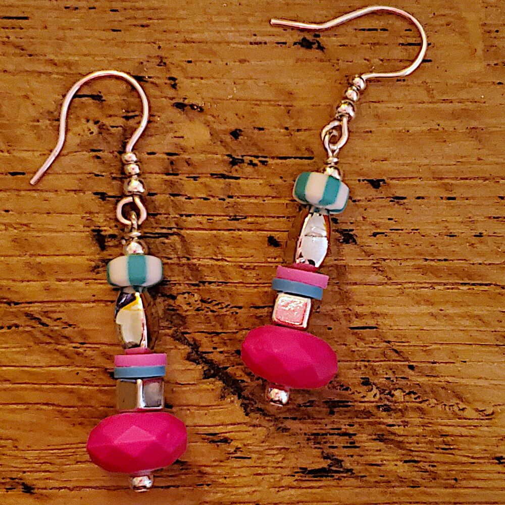 Bright Dangly Sterling Silver Hook Earrings, Colourful Statement Beaded Jewellery, Pair