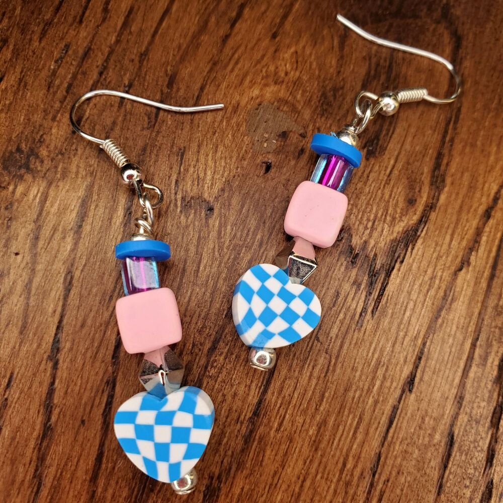 Sterling Silver Hook Earrings, Blue Hearts & Pink, Handmade Statement Festival Jewellery, Pair