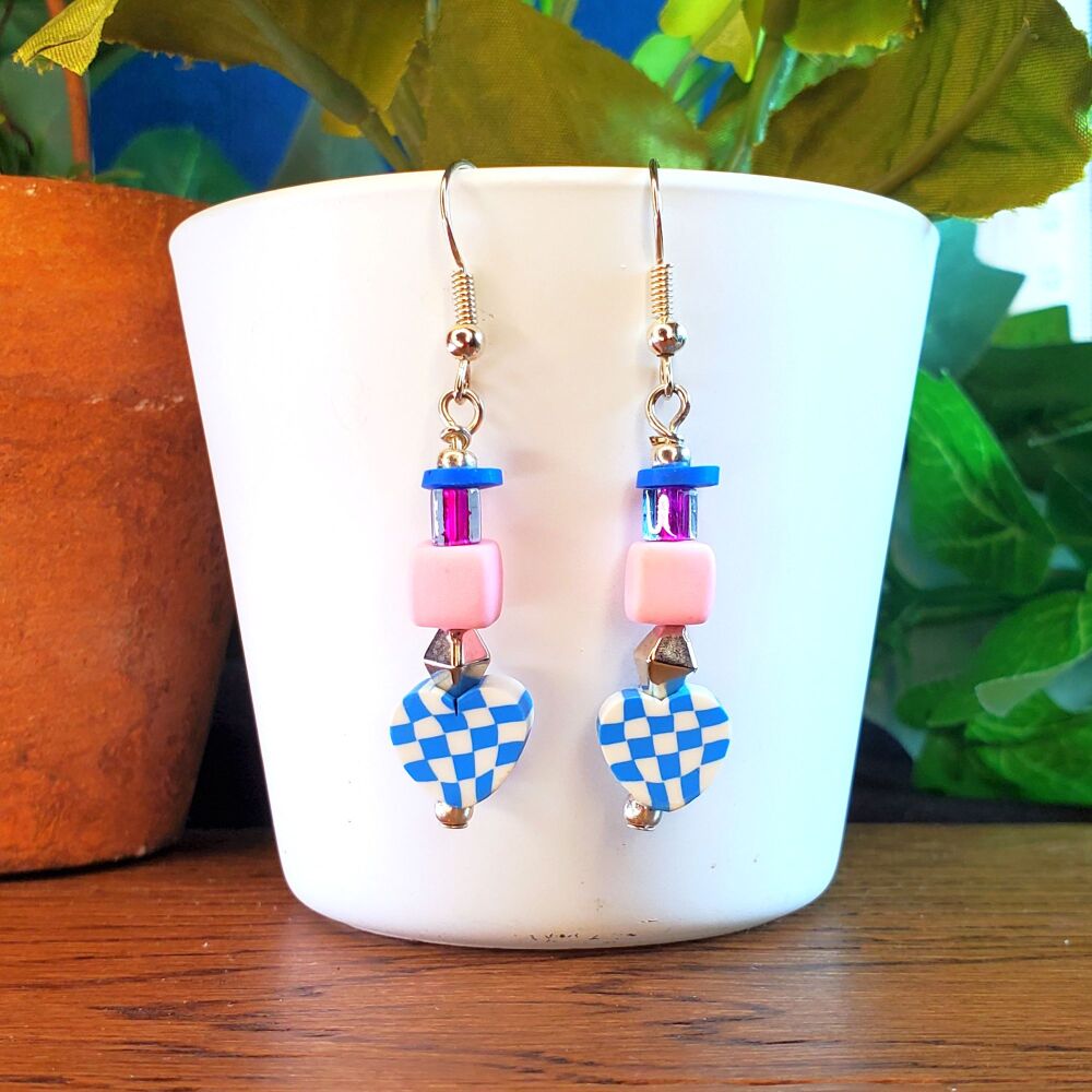 Sterling Silver Hook Earrings, Blue Hearts & Pink, Handmade Statement Festival Jewellery, Pair