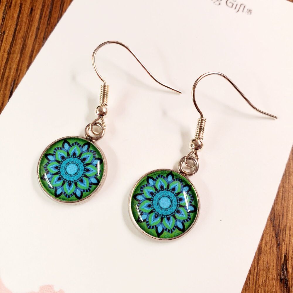 Blue & Green Cabochon Sterling Silver Hook Earrings Mandala Stylish Dangly Pair