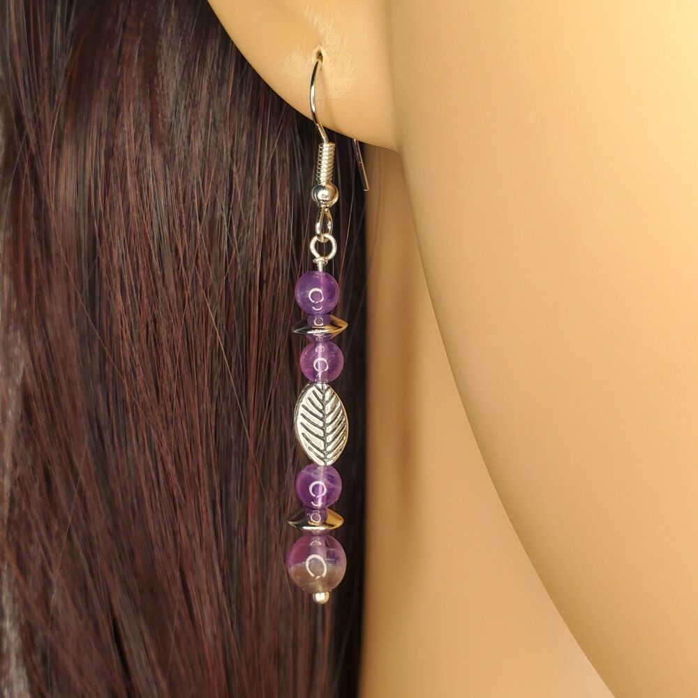 Amethyst Sterling Silver Earrings, Leaf & Purple Gemstone Drops, Handmade