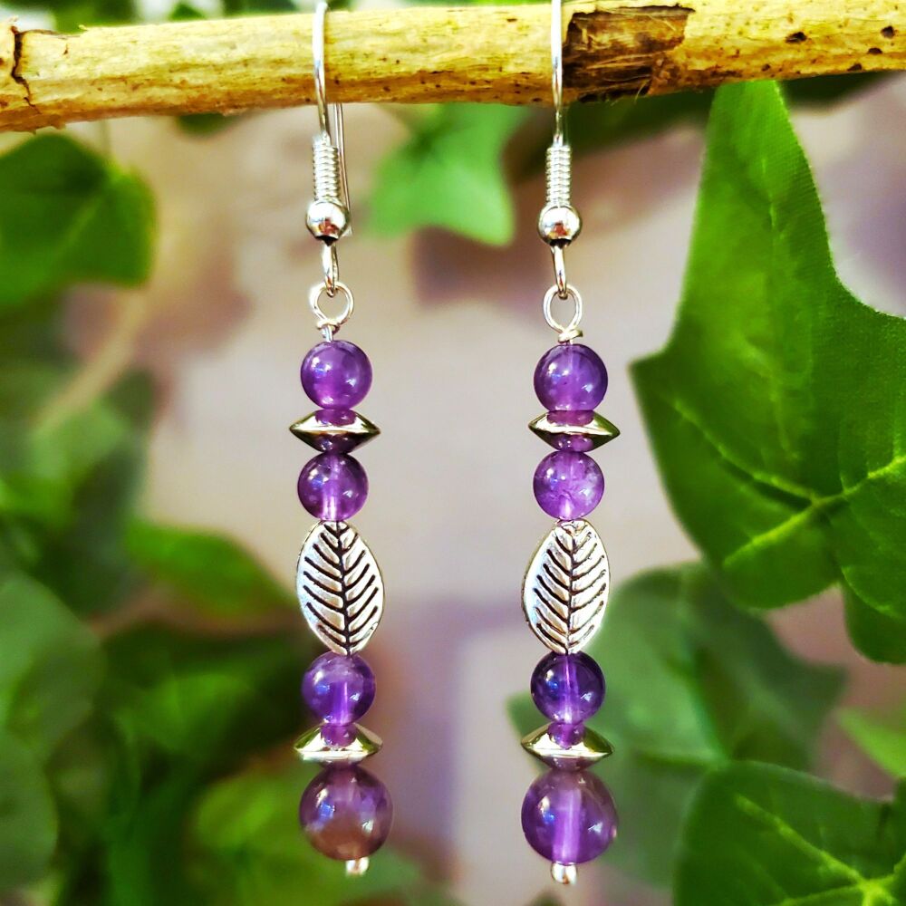 Amethyst Sterling Silver Earrings, Leaf & Purple Gemstone Drops, Handmade