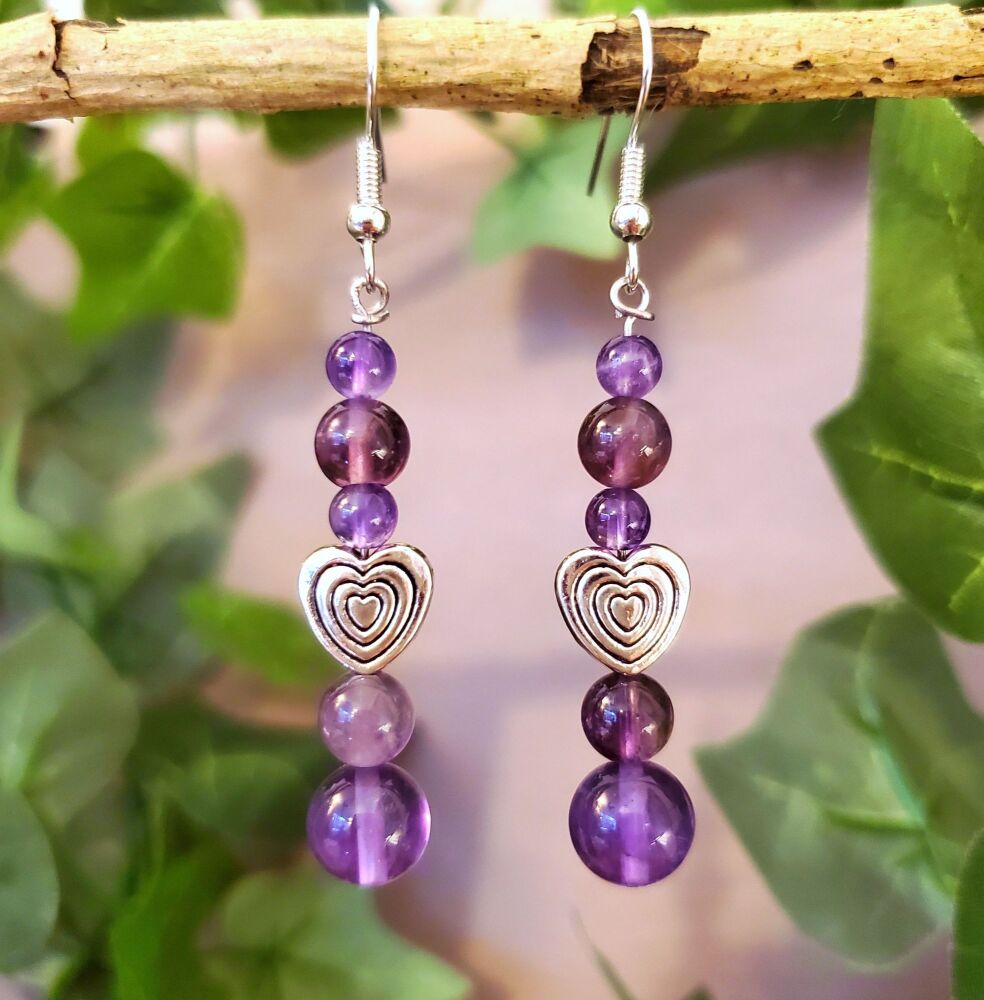 <!-- D92 -->Amethyst Sterling Silver Hook Earrings, Purple, Heart Handmade 