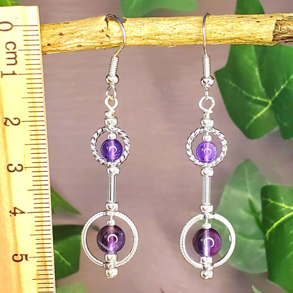 Amethyst Sterling Silver Earrings, Circles & Gemstone Hooks, Purple, Handmade