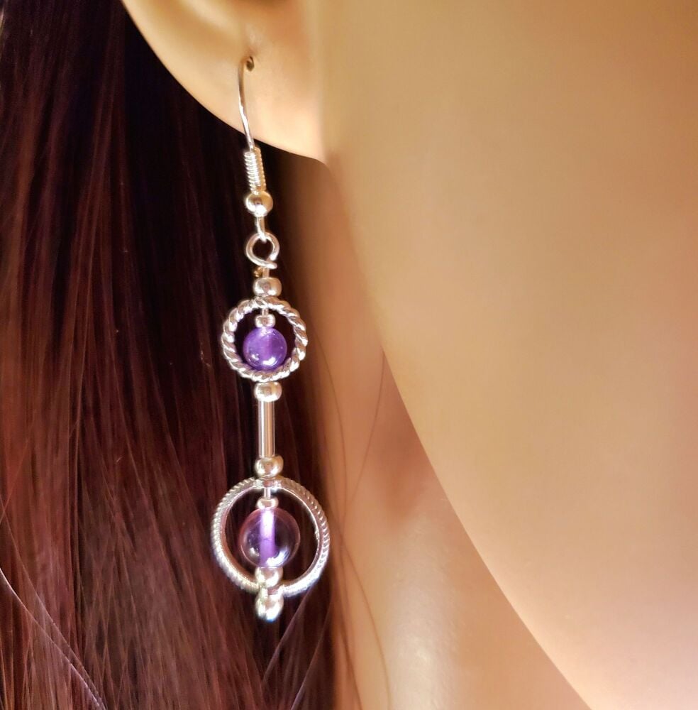 Amethyst Sterling Silver Earrings, Circles & Gemstone Hooks, Purple, Handmade