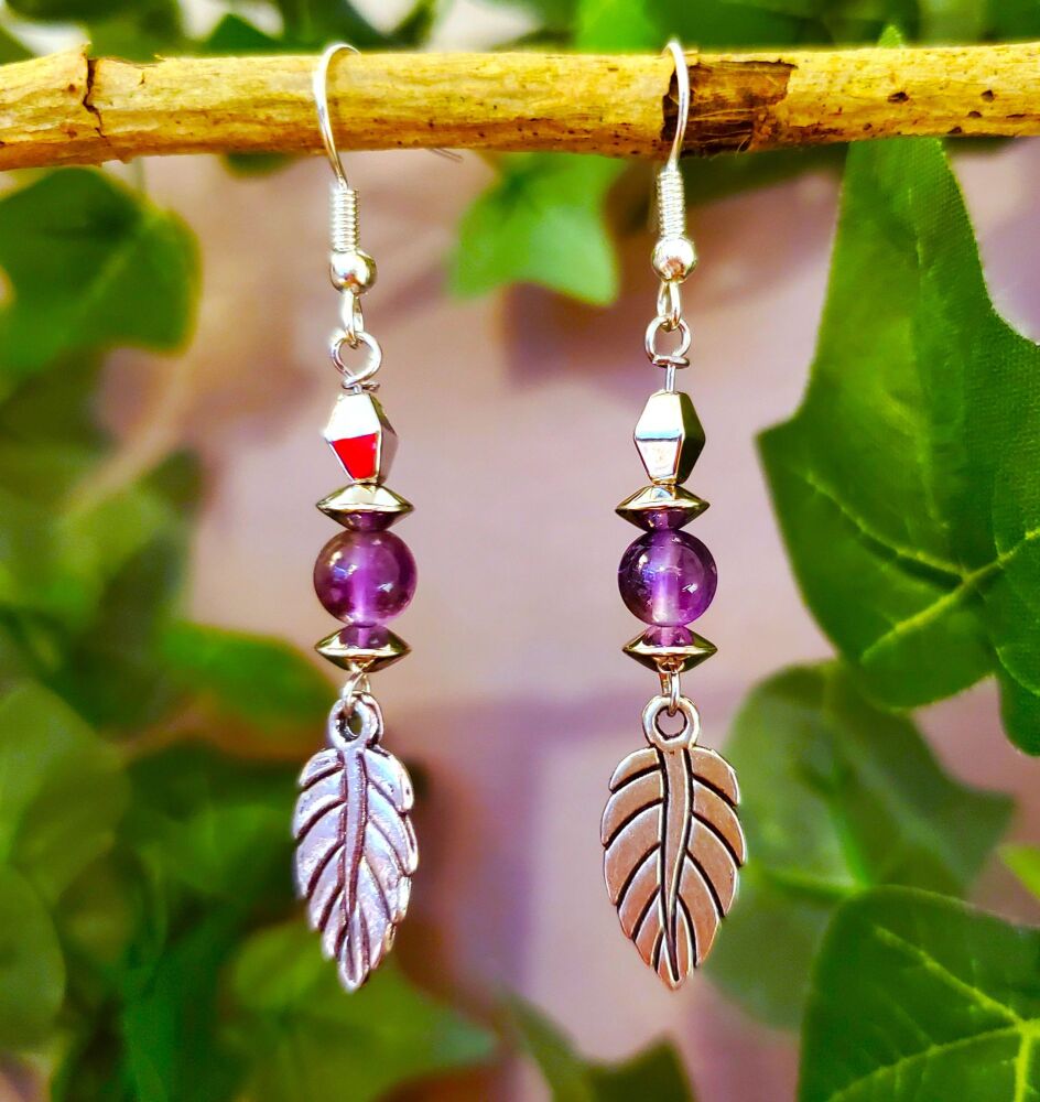 Amethyst Sterling Silver Earrings, Gemstone & Leaf Handmade Purple Drop Hooks