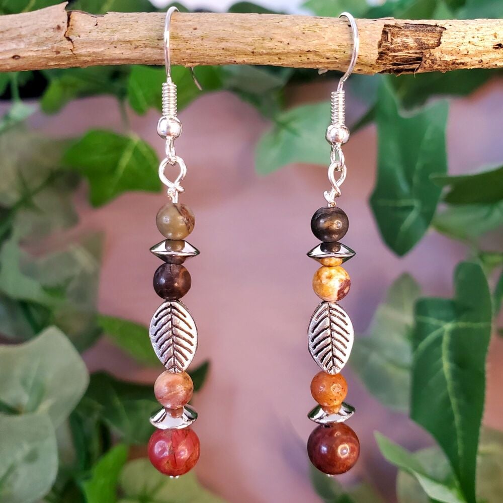 Jasper Sterling Silver Earrings, Leaf & Gemstone Picasso Handmade jewellery Drop Hooks