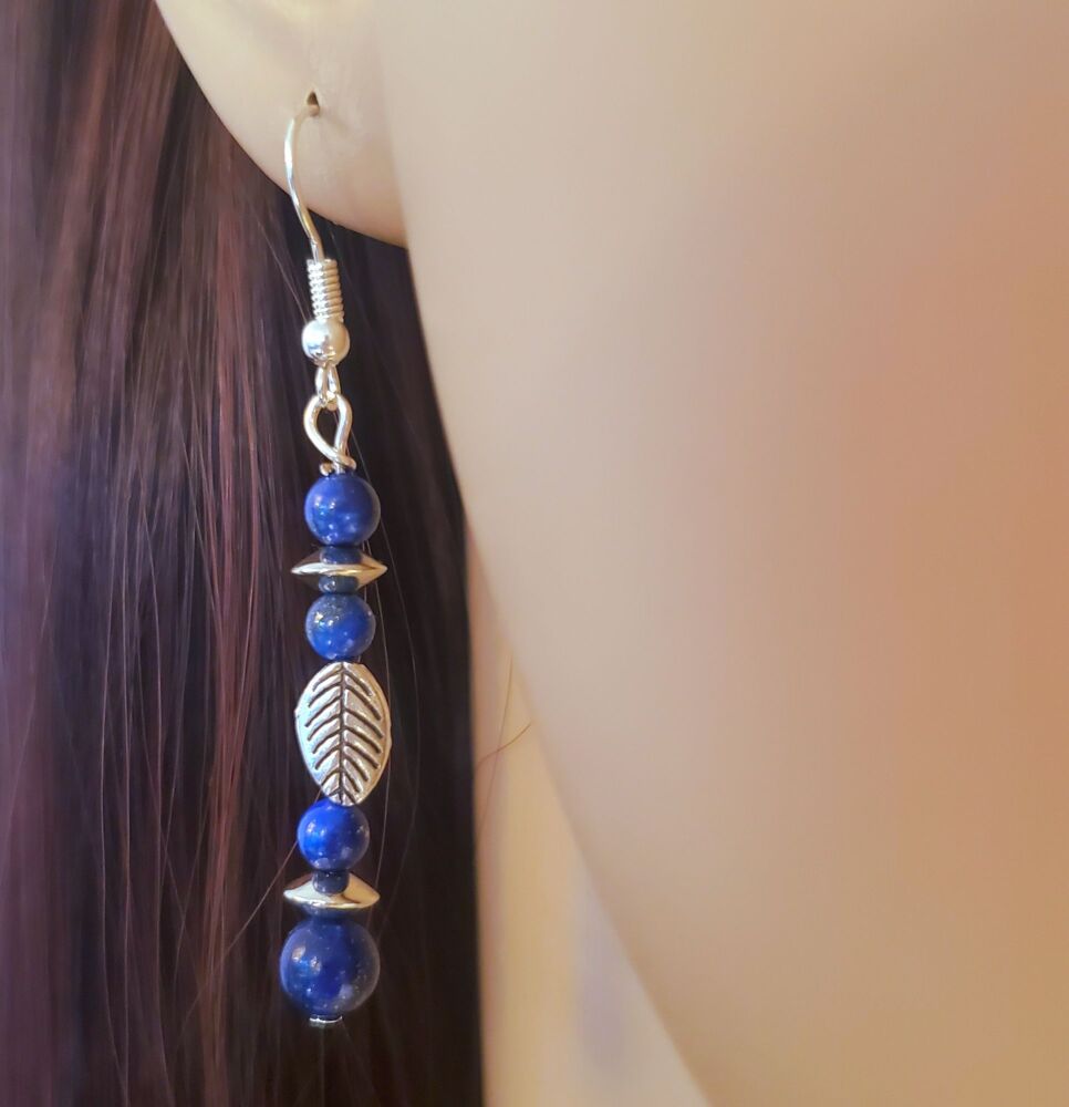 Lapis Lazuli Sterling Silver Earrings, Gemstone & Leaf Handmade jewellery Drop Hooks