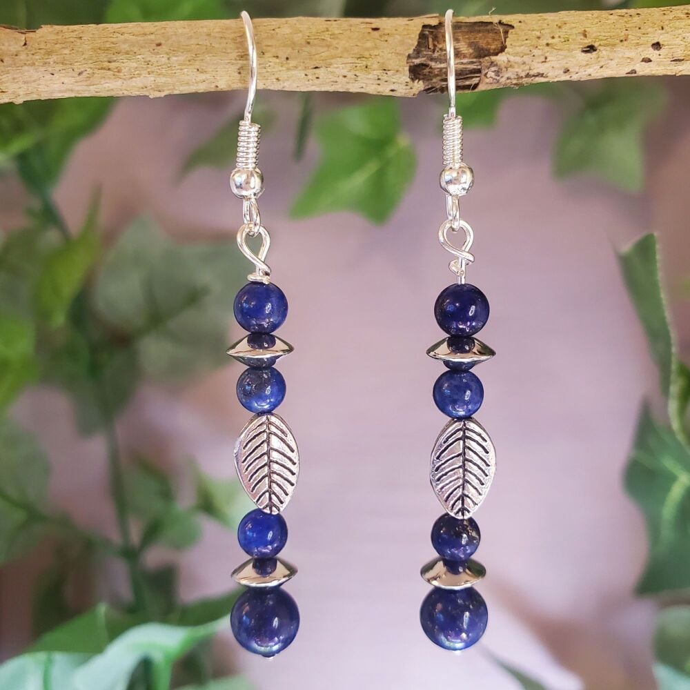 Lapis Lazuli Sterling Silver Earrings, Gemstone & Leaf Handmade jewellery Drop Hooks